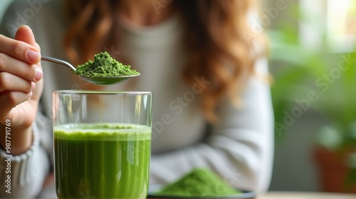A woman carefully adds vibrant green matcha powder into a glass of blended smoothie, highlighting the preparation of a healthy, energizing drink.