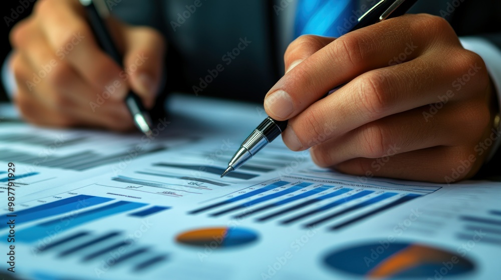 Close-up of a Hand Holding a Pen Over Financial Graphs