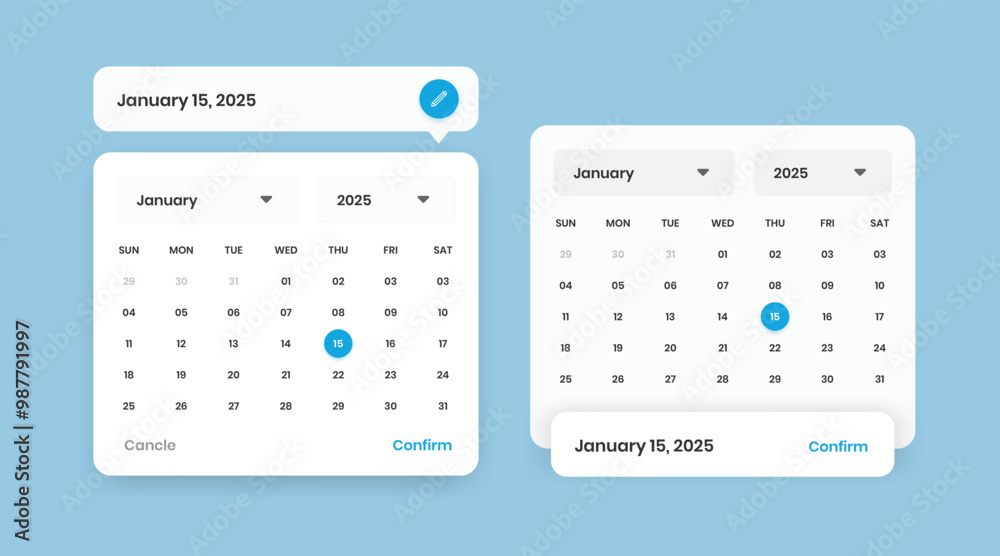 Modern date picker calendar popup layout design with two variations for mobile and web interface design Modern date picker calendar popup layout design with two variations for mobile and web interface design