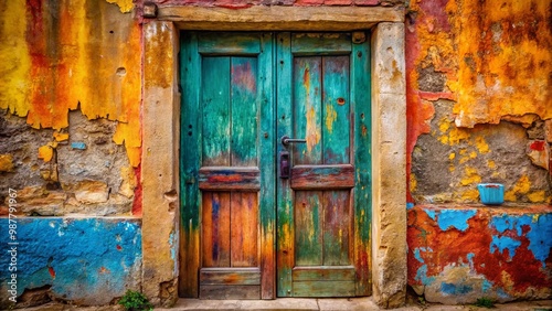 Vintage Old Wooden Door with Rustic Texture and Weathered Paint for Architectural Backgrounds