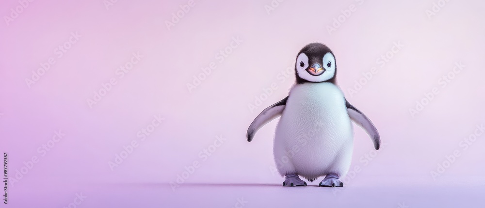 Fototapeta premium Cute Penguin Standing on Pink Background.