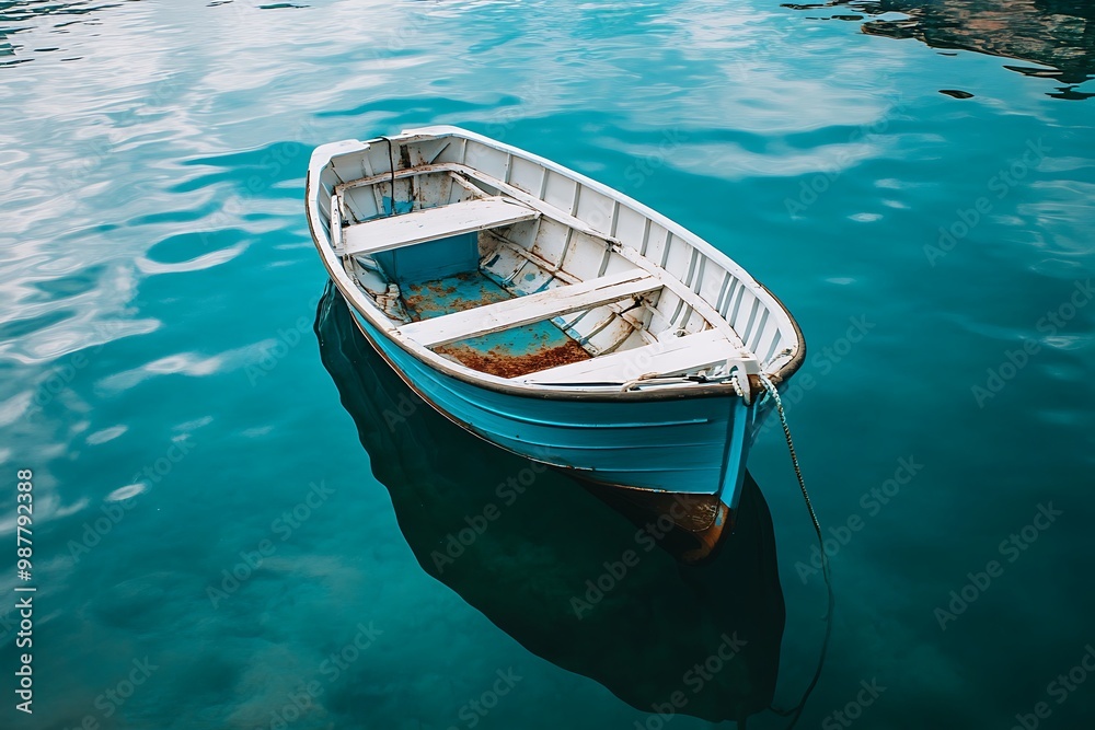 Small white rowboat adrift in tranquil turquoise water Small white rowboat adrift in tranquil turquoise water