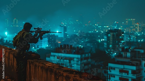 X= Infinity Intel i3 12100F Quad Core Nvidia GTX 1650 4GB Desktop PC for Gaming placed on a rooftop next to Bangalore firing a machine gun at night, anime, cyberpunk photo