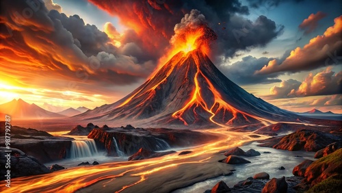 Vivid Clip Art of Flowing Lava Erupting from a Volcano in a Bright and Dynamic Style Illustration