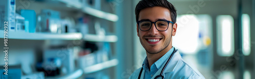 A handsome young male doctor in glasses smiles at the camera against a blurred background. photo