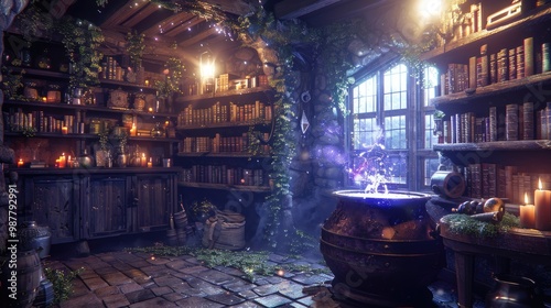 A cozy and magical room filled with books, potions, and candles. A cauldron sits in the center, glowing with purple energy.