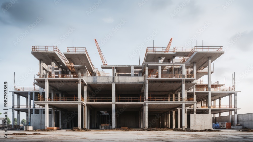 Concrete Structure of a Building Under Construction with Cranes Concrete Structure of a Building Under Construction with Cranes