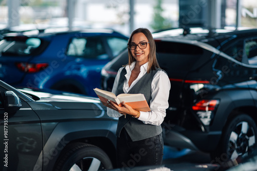 Graceful woman engrossed with notes amid sleek automobile lineup