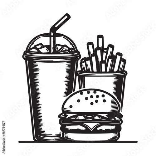 Artistic coffee cup burger silhouette with white background