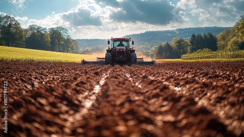 Red Tractor Plowing Field in Rural Landscape photo