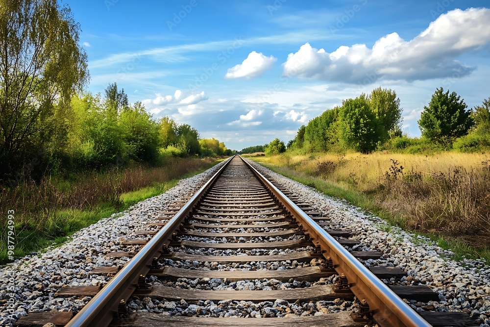 Straight Railroad Tracks Leading to Horizon with Blue Sky and Fluffy Clouds Straight Railroad Tracks Leading to Horizon with Blue Sky and Fluffy Clouds