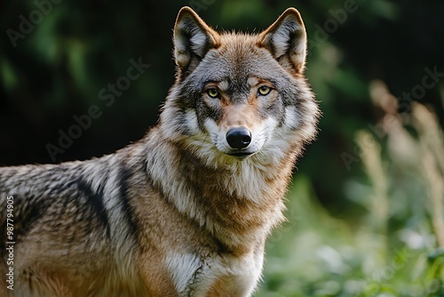 Close up portrait of a wolf in the wild with green blurred background.