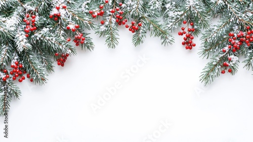 Snowy Pine Branches and Red Berries on White Background