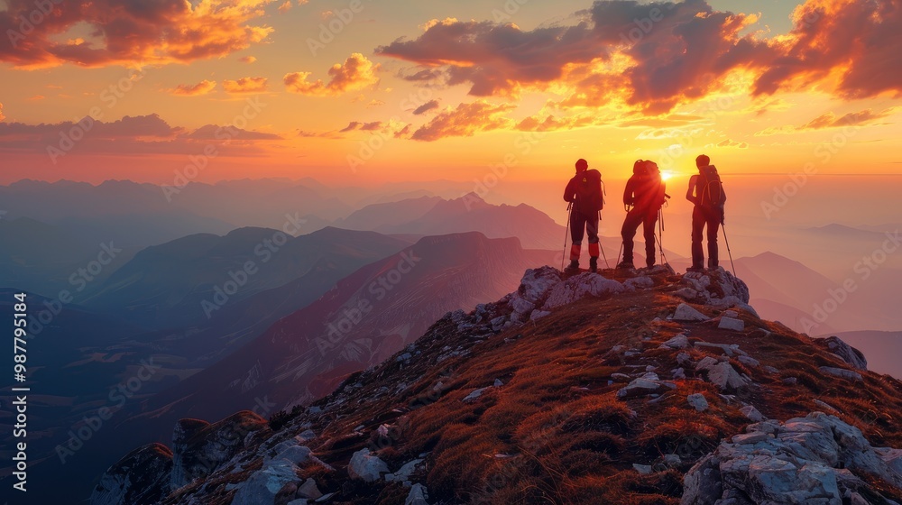 Fototapeta premium Three hikers standing on a mountain peak at sunset, enjoying a breathtaking view of the surrounding landscape.