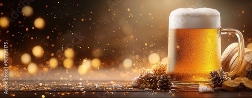 Close-up of German ale in a traditional stein, rich amber color with thick foam head, Oktoberfest festival scene, rustic wooden table, warm sunlight, highly detailed photo