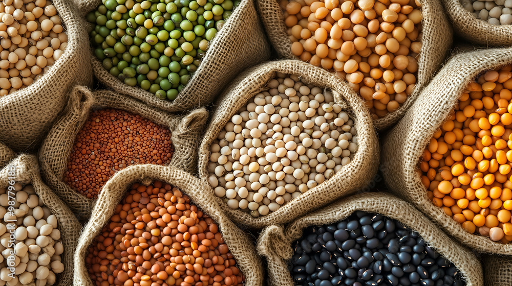 Obraz premium A vibrant display of various pulses--lentils, chickpeas, black beans, and kidney beans on a rustic wooden table. World pulses Day.