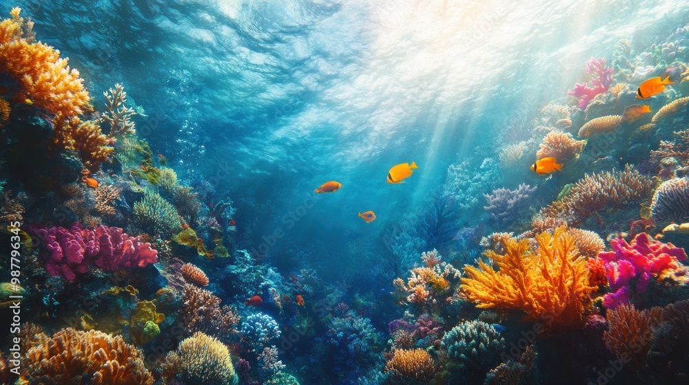 Obraz premium Underwater Coral Reef with Sunbeams and Colorful Fish