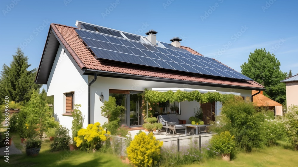 A modern house with solar panels, surrounded by lush greenery and vibrant flowers, showcasing eco-friendly living in a serene environment. A modern house with solar panels, surrounded by lush greenery and vibrant flowers, showcasing eco-friendly living in a serene environment.