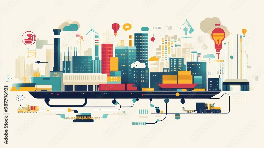 Abstract Cityscape with Interconnected Systems and a Lightbulb Icon