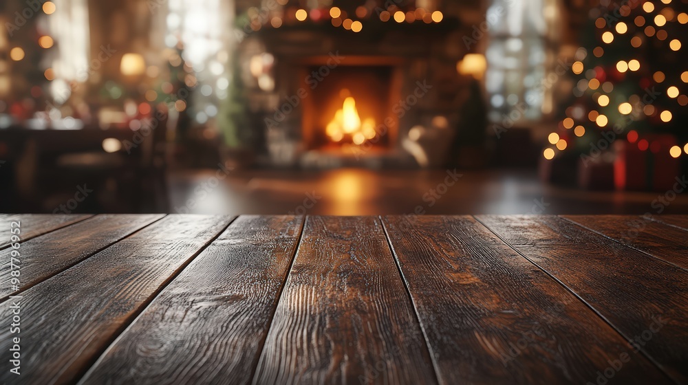 Rustic wooden tabletop with a festive Christmas background, featuring a warm, glowing fireplace Rustic wooden tabletop with a festive Christmas background, featuring a warm, glowing fireplace