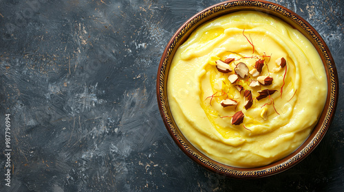 Creamy, smooth Shrikhand garnished with saffron strands and chopped nuts, served in a traditional bowl