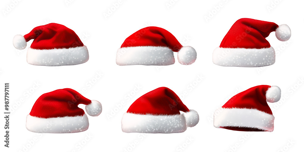A collection of Santa Claus hats, featuring fluffy red caps with white fur trim, perfect for celebrating the Christmas season with clipping path, PNG collection, PNG image, PNG files, Generative art. A collection of Santa Claus hats, featuring fluffy red caps with white fur trim, perfect for celebrating the Christmas season with clipping path, PNG collection, PNG image, PNG files, Generative art.