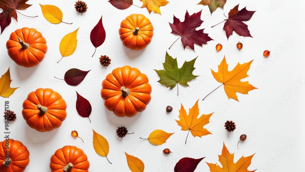 Fototapeta premium A festive arrangement of pumpkins and autumn leaves on a white background.