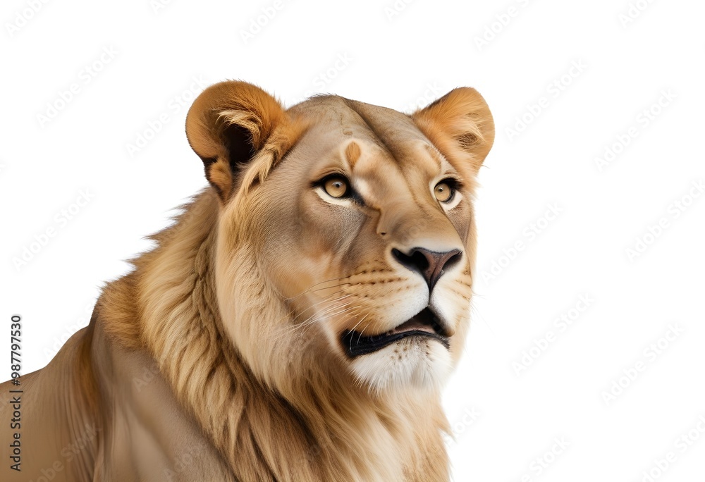A close-up portrait of a female adult African lion with a fur coat and piercing eyes against a plain white background A close-up portrait of a female adult African lion with a fur coat and piercing eyes against a plain white background