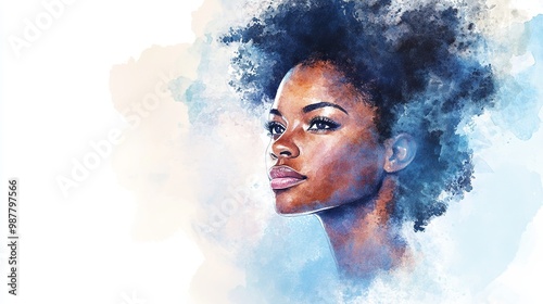 This watercolor fashion illustration depicts an African American woman with grace and style. The artist captures the beauty and confidence of this subject photo