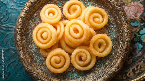 Crispy, spiral-shaped Murukulu, arranged in a neat pile on a decorative plate photo