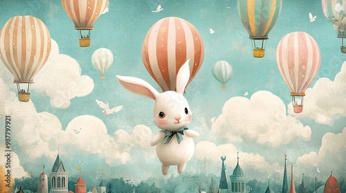 Transport yourself to a whimsical wonderland with this charming illustration. As you gaze upon its surface, you will be greeted by an adorable bunny hopping beneath vibrant hot air balloons