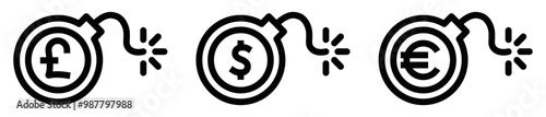 Vector illustration of currency bomb icons with pound, dollar, and euro symbols, representing financial crisis or risk. Editable stroke.