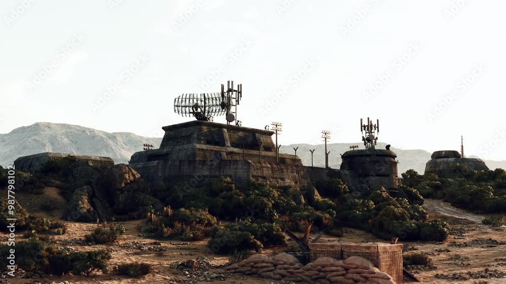 A military base war bunker in a desert landscape with mountains in the background