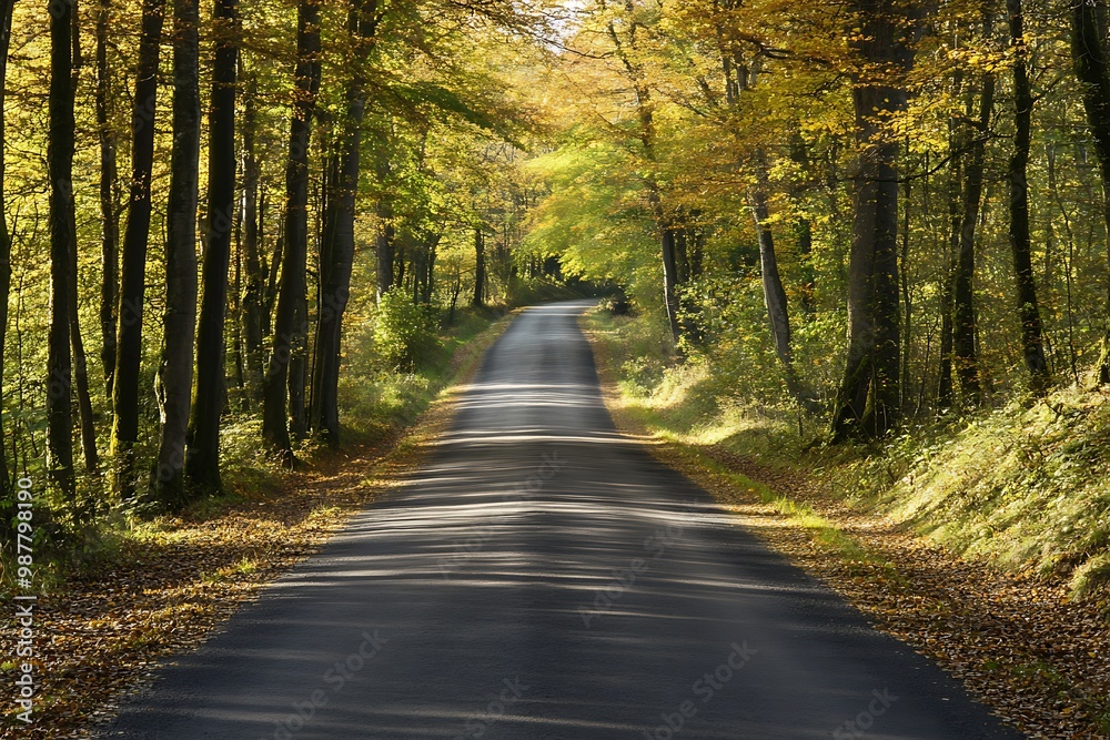 Fototapeta premium Scenic road through autumn forest with yellow and green trees