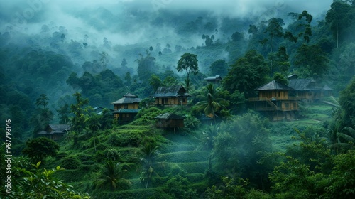 A quaint village lies in a lush green forest with vibrant flora