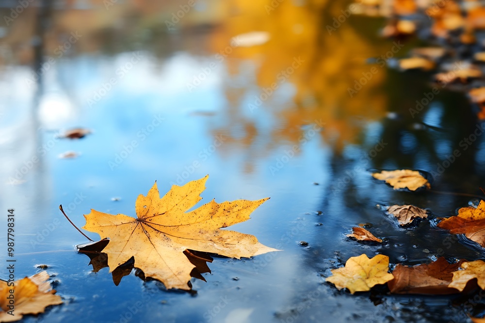 Autumn leaves floating in puddle of water with reflection of the sky Autumn leaves floating in puddle of water with reflection of the sky