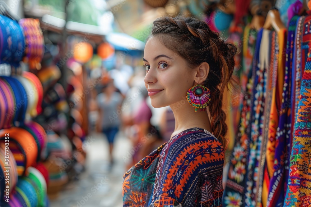 Young woman in colorful traditional attire at vibrant marketplace with handmade crafts and textiles in the background. Young woman in colorful traditional attire at vibrant marketplace with handmade crafts and textiles in the background.
