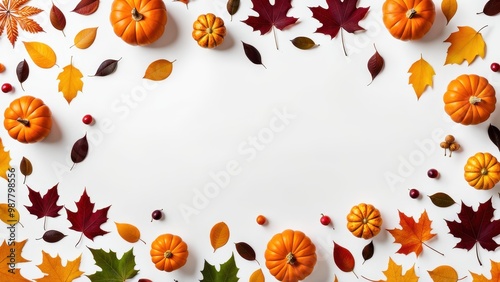 A festive autumn arrangement featuring pumpkins and colorful leaves on a white background.