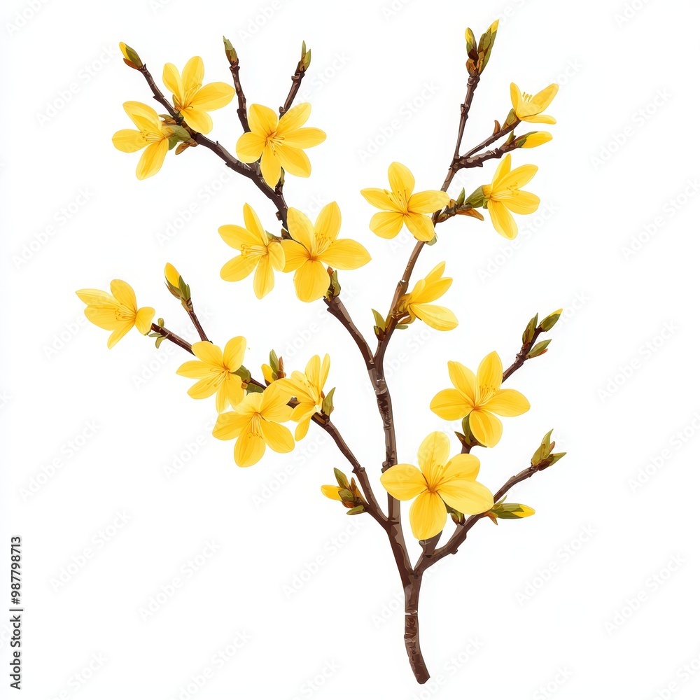 A vibrant branch of yellow flowers showcasing the beauty of nature's blooms and adding a splash of color to any setting, white background A vibrant branch of yellow flowers showcasing the beauty of nature's blooms and adding a splash of color to any setting, white background