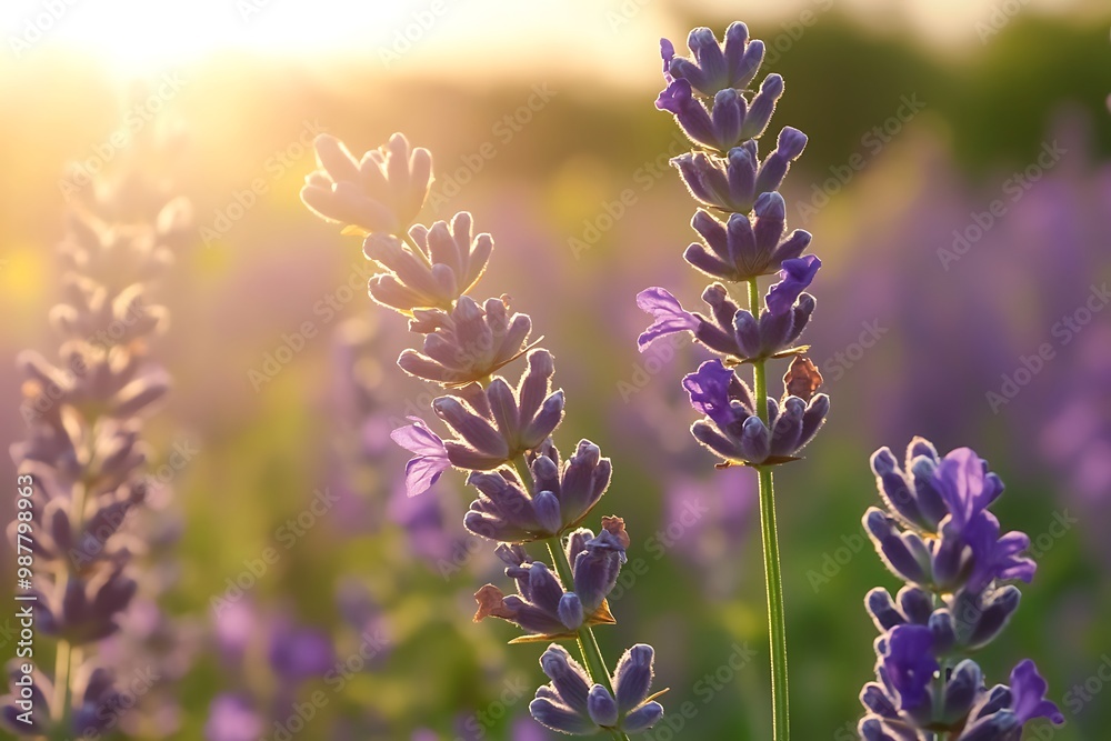 Close up of Lavender Flowers in Field at Sunset Close up of Lavender Flowers in Field at Sunset