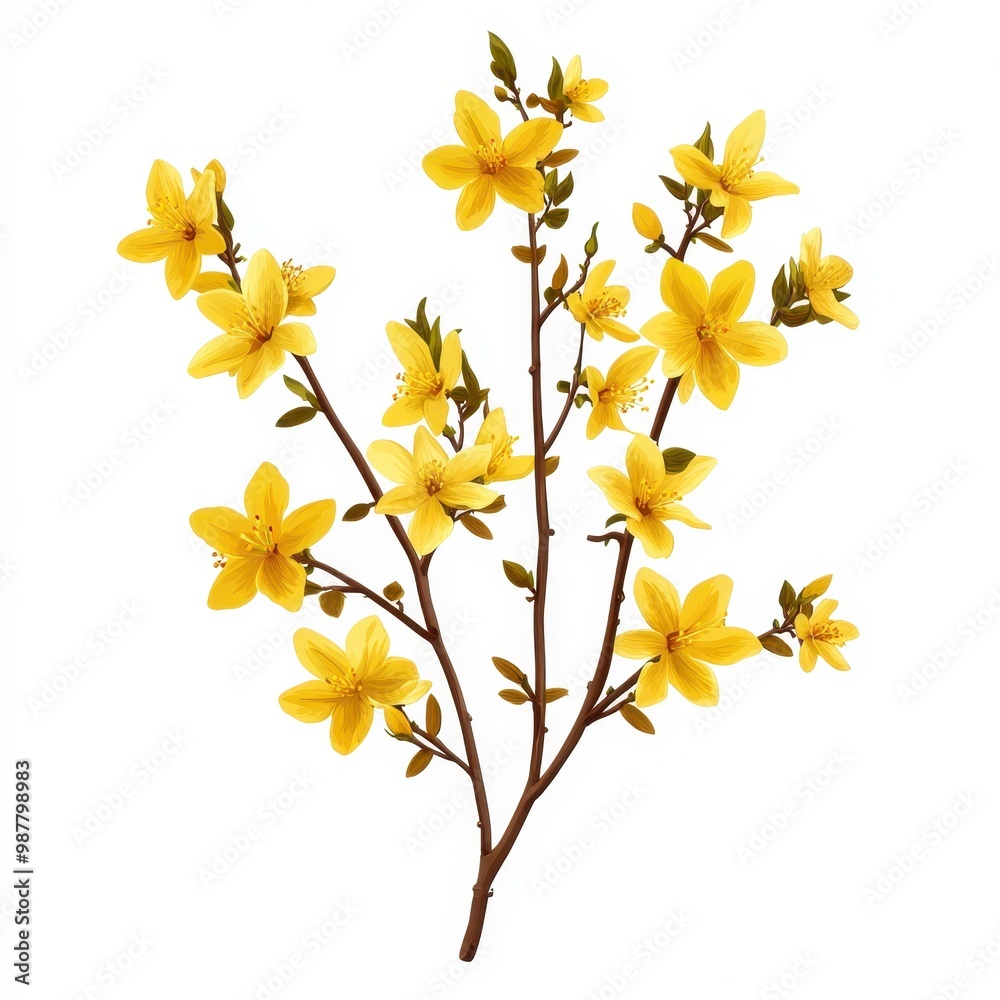Bright yellow flower branch showcasing vibrant blooms and lush green leaves, perfect for enhancing floral designs and arrangements, white background Bright yellow flower branch showcasing vibrant blooms and lush green leaves, perfect for enhancing floral designs and arrangements, white background