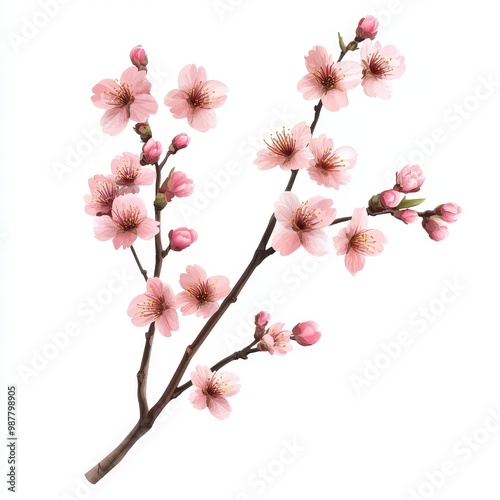 Beautiful pink cherry blossom branch with delicate flowers and buds, perfect for spring-themed designs and floral arrangements, white background