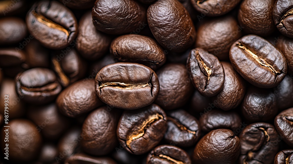 Fototapeta premium Roasted Arabica beans are ready to be brewed into a delicious cup of coffee. A cup of coffee is a good way to start the day.