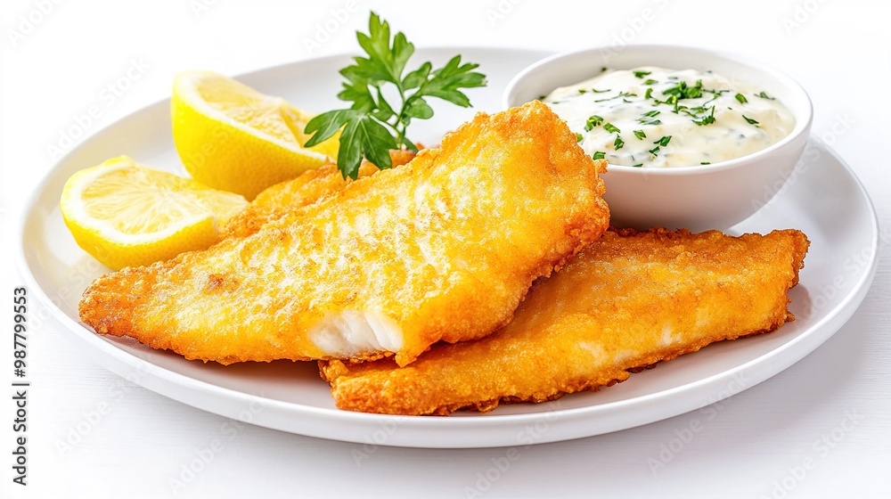 Golden-fried fish fillets with lemon and tartar sauce on a white plate. Golden-fried fish fillets with lemon and tartar sauce on a white plate.