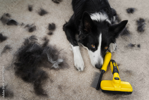 A sad black and white border collie lies on the carpet next to yellow combs and clumps of shedding fur. Upset dog during shedding season. A black and white needs to be groomed