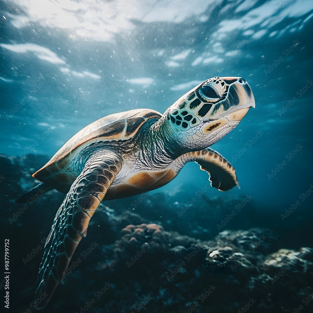Fototapeta premium Underwater close-up of turtle showcasing its majestic beauty image
