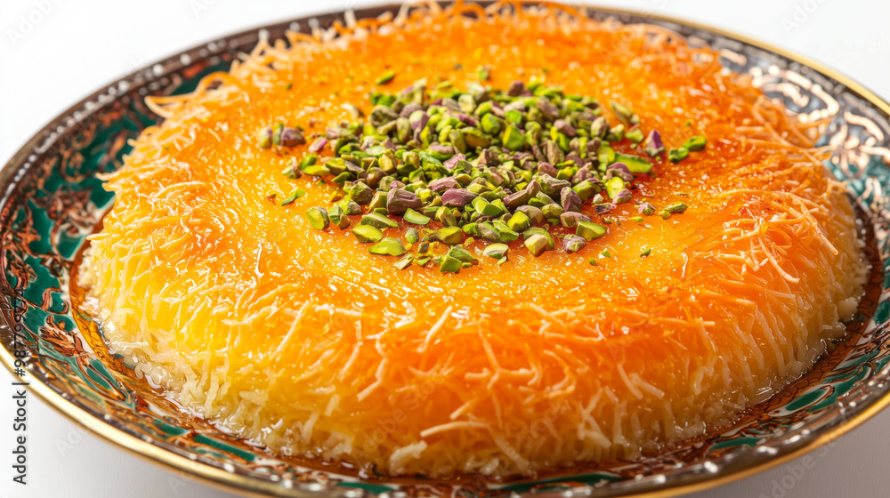 Golden, crispy Knafeh with a vibrant orange hue, layered with melted cheese and garnished with crushed pistachios and a drizzle of syrup, served on a decorative plate Golden, crispy Knafeh with a vibrant orange hue, layered with melted cheese and garnished with crushed pistachios and a drizzle of syrup, served on a decorative plate