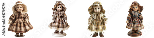 Set of Vintage porcelain doll with plaid dress and bonnet isolated on a transparent background.