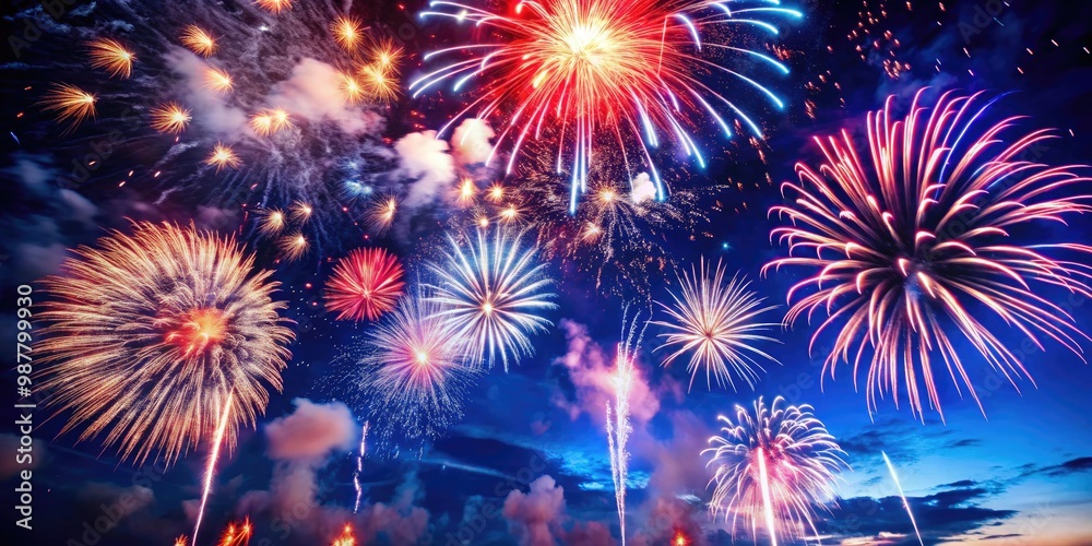 Vibrant fireworks bursting against a night sky. Vibrant fireworks bursting against a night sky.