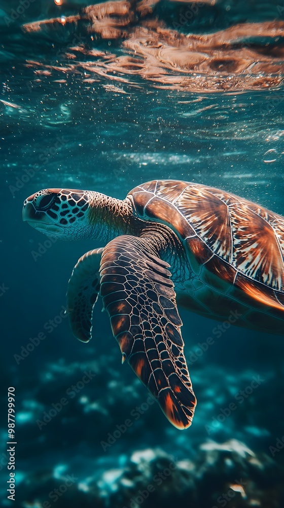 Fototapeta premium Close-up of turtle navigating through crystal-clear water image